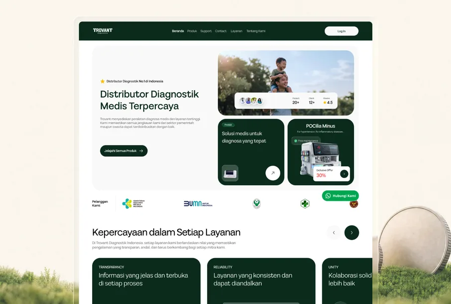 Trovant Diagnostics website: the Distributor Diagnostik Medis Terpercaya homepage above a row of service cards